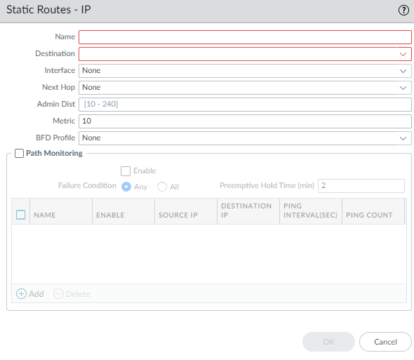 Static Route configuration window - General tab.